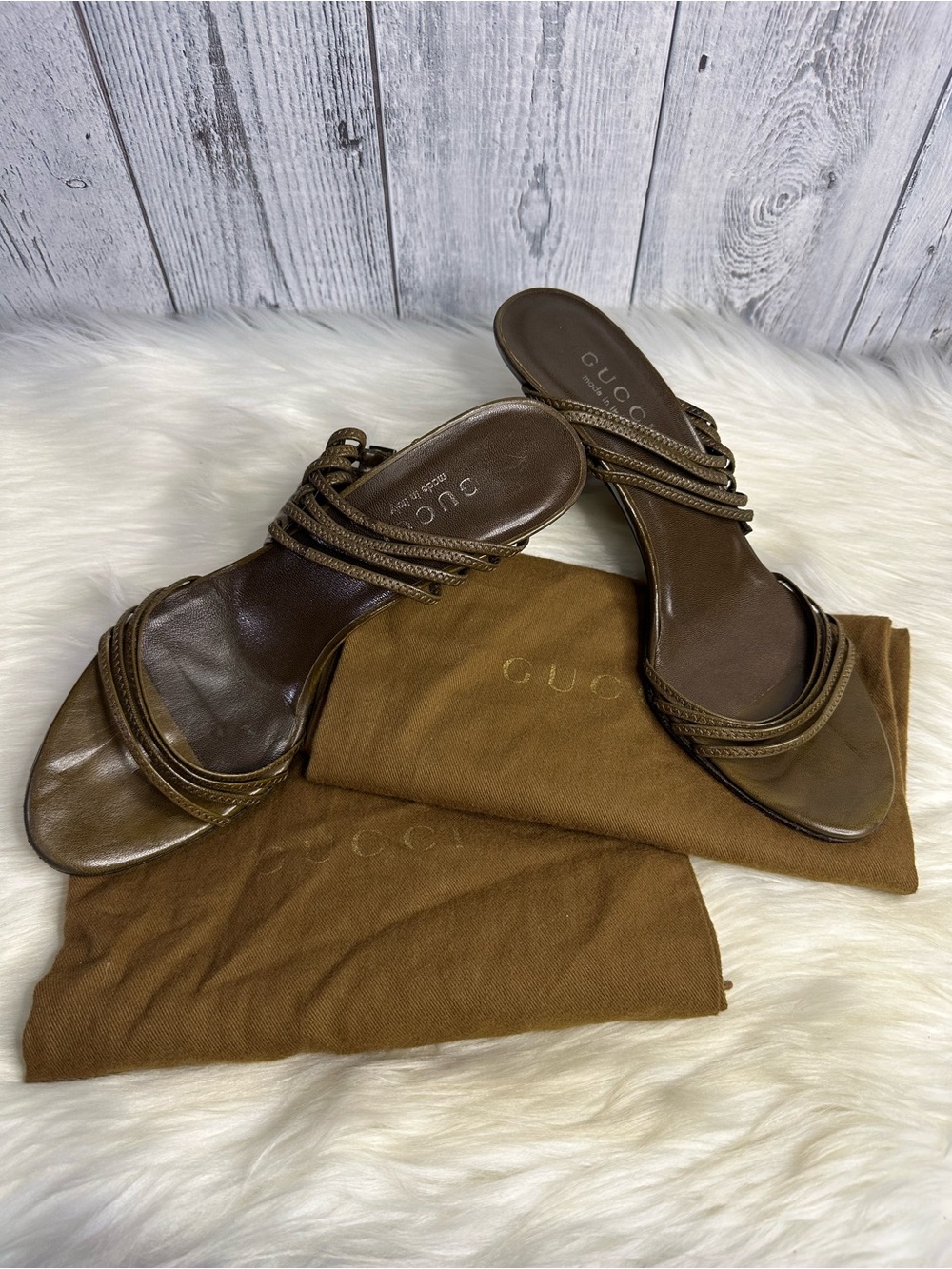 Gucci Brown Braided Strap Leather Slide Sandals